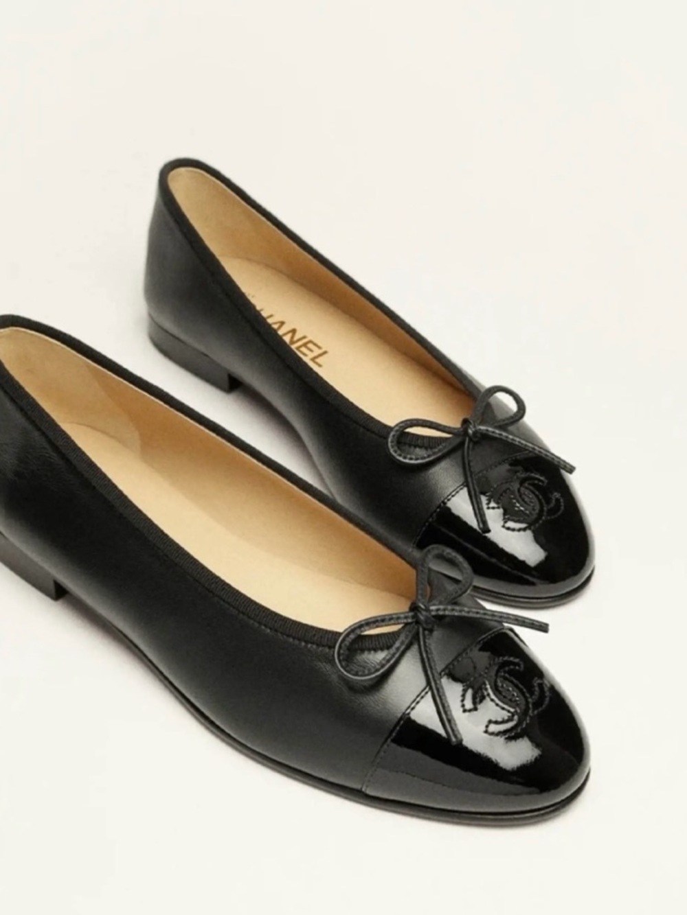 CHANEL Black Leather & Patent Cap-Toe Ballet Flats